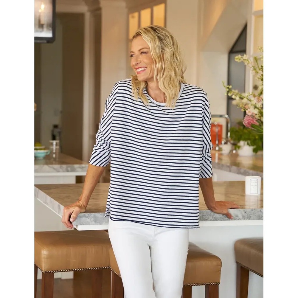 Frank & Eileen Anna Heritage Jersey Capelet Top White Navy French Stripe Medium
